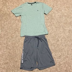 Boys VOLCOM green T-shirt LG/14 & Gray UNDER Armour shorts YLG. Like new.